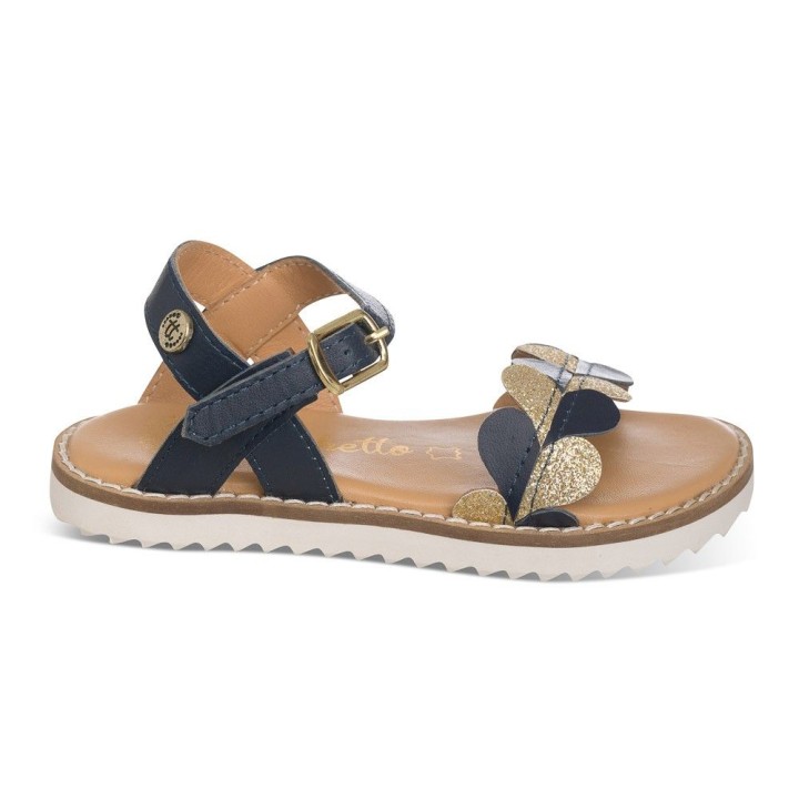 Sandalia color oro azul en piel, moderna con detalle de corazones