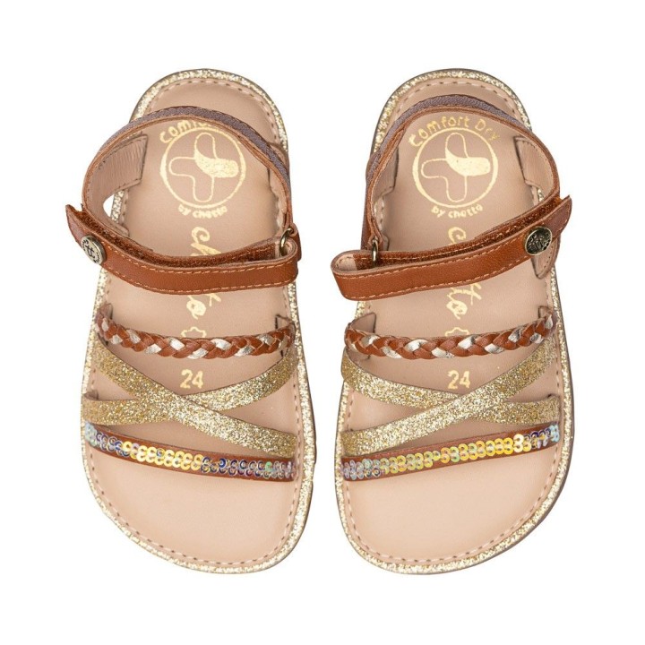 SANDALIA BAREFOOT MOKA - TIRAS DORADAS Y VELCRO AJUSTABLE