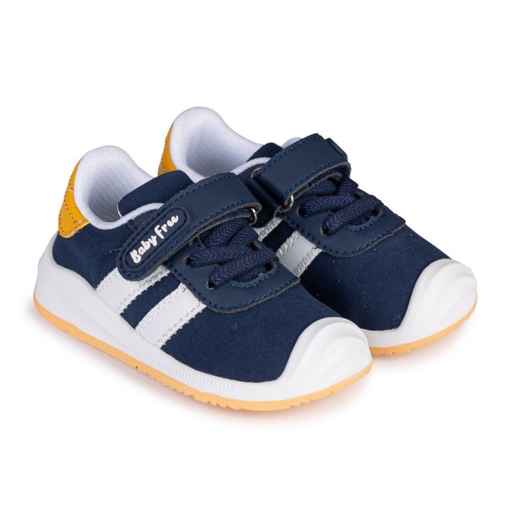 DEPORTIVO BAREFOOT BABY FREE - LONA AZUL | ELEGANCIA CLÁSICA CON DOBLE BANDA BLANCA.