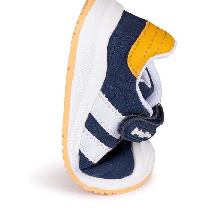 DEPORTIVO BAREFOOT BABY FREE - LONA AZUL | ELEGANCIA CLÁSICA CON DOBLE BANDA BLANCA.