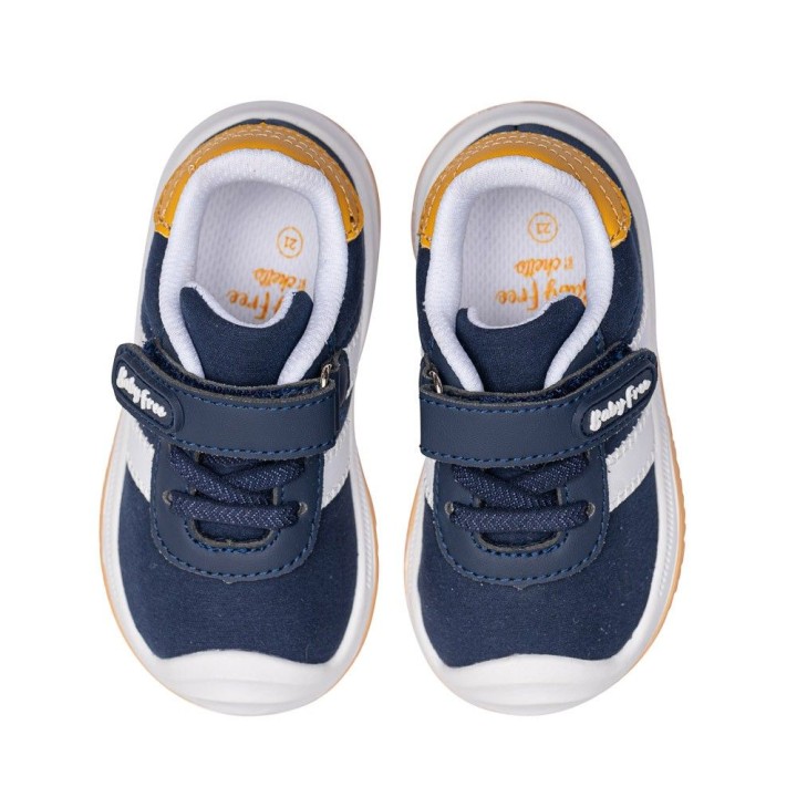 DEPORTIVO BAREFOOT BABY FREE - LONA AZUL | ELEGANCIA CLÁSICA CON DOBLE BANDA BLANCA.