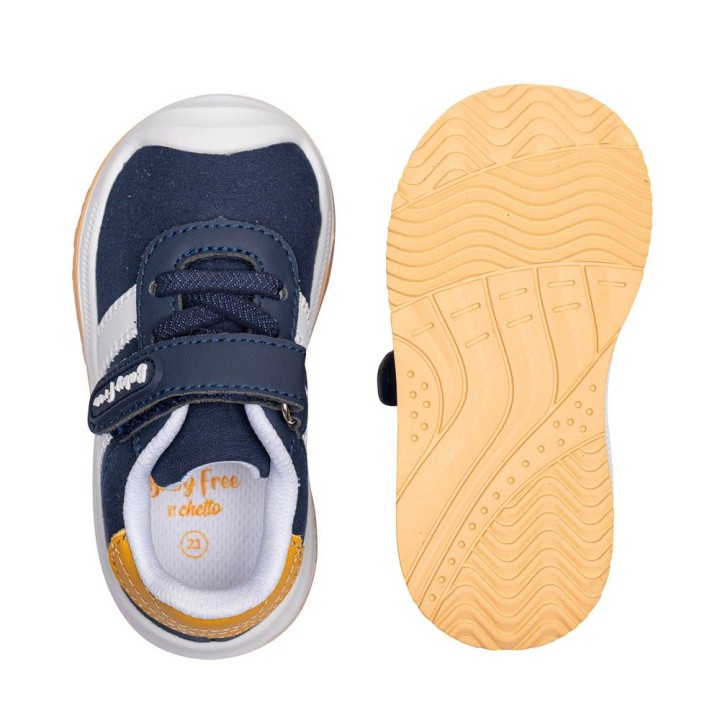 DEPORTIVO BAREFOOT BABY FREE - LONA AZUL | ELEGANCIA CLÁSICA CON DOBLE BANDA BLANCA.