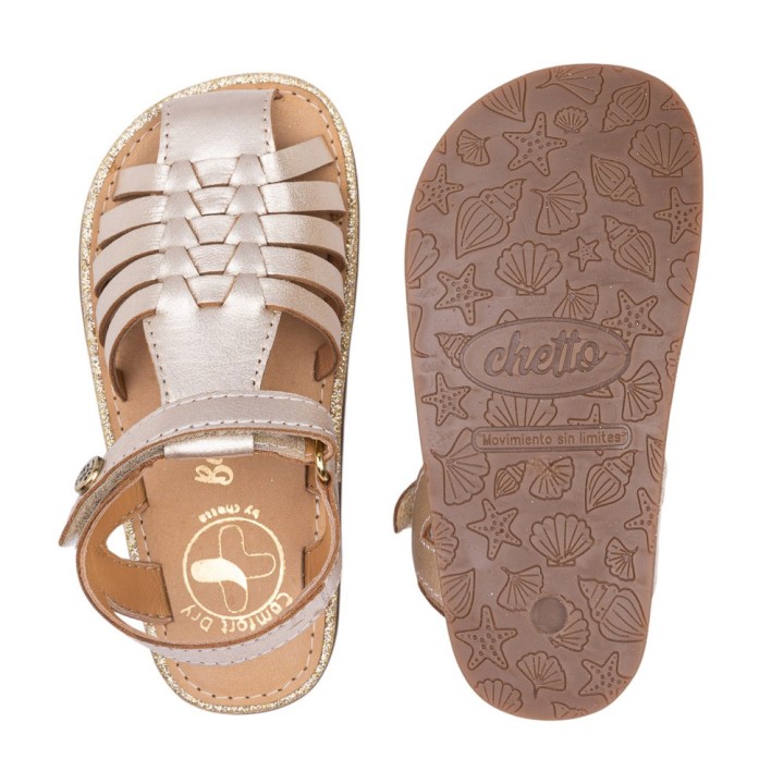 SANDALIA BAREFOOT PIEL CHETTO CANGREJERA TRENZADA ORO