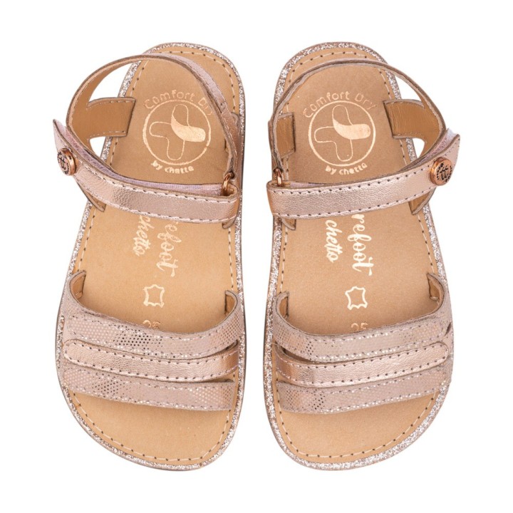 SANDALIA BAREFOOT PIEL CHETTO TIRAS METALIZADAS ORO ROSADO