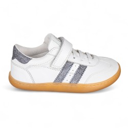 DEPORTIVA BAREFOOT CHETTO PIEL CON DOBLE FRANJA ANIMAL BLANCO - PLATA