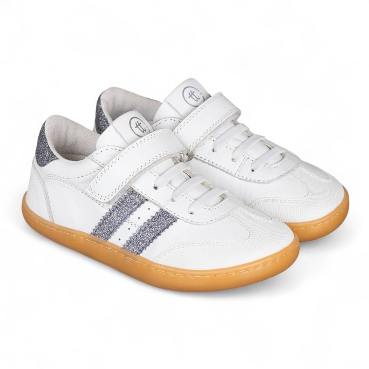 DEPORTIVA BAREFOOT CHETTO PIEL CON DOBLE FRANJA ANIMAL BLANCO - PLATA