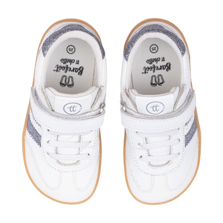 DEPORTIVA BAREFOOT CHETTO PIEL CON DOBLE FRANJA ANIMAL BLANCO - PLATA