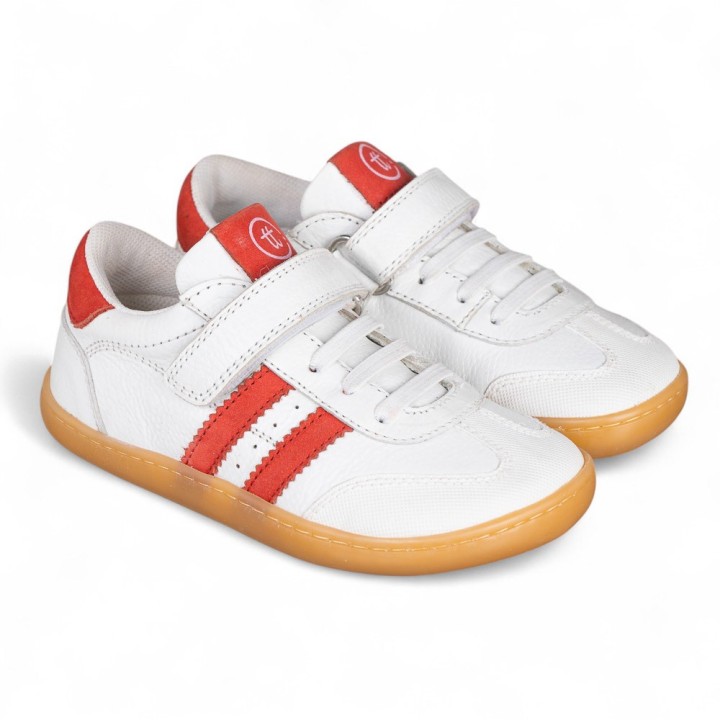 DEPORTIVA BAREFOOT CHETTO PIEL CON DOBLE FRANJA ANIMAL BLANCO - ROJO
