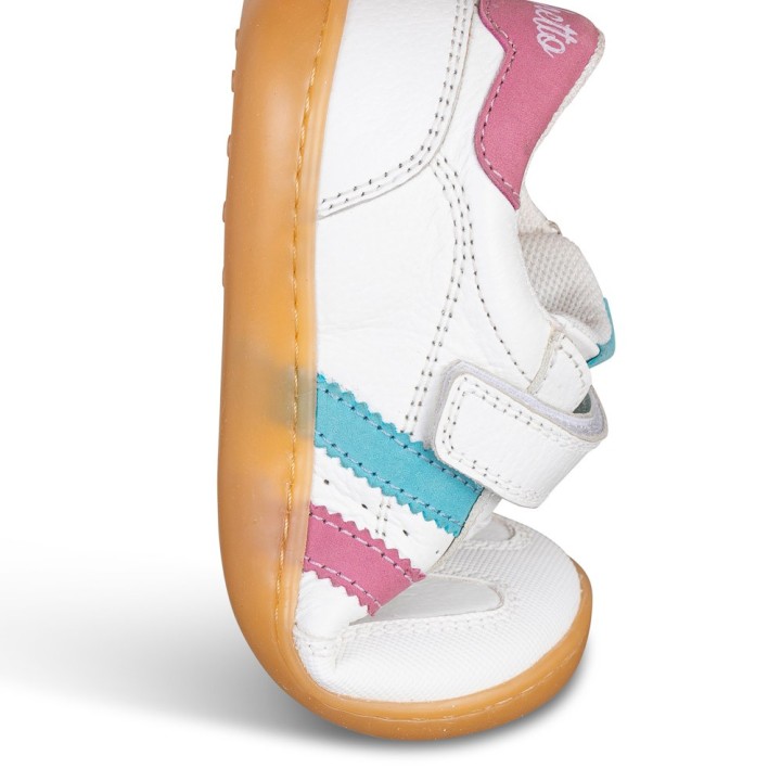 DEPORTIVA BAREFOOT CHETTO PIEL CON DOBLE FRANJA ANIMAL BLANCO - TURQUESA