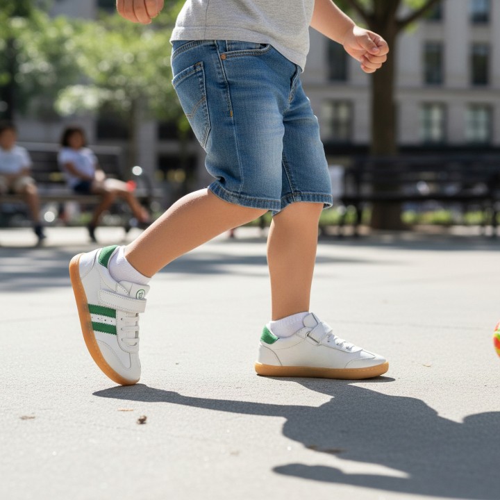 DEPORTIVA BAREFOOT CHETTO PIEL CON DOBLE FRANJA ANIMAL BLANCO - VERDE