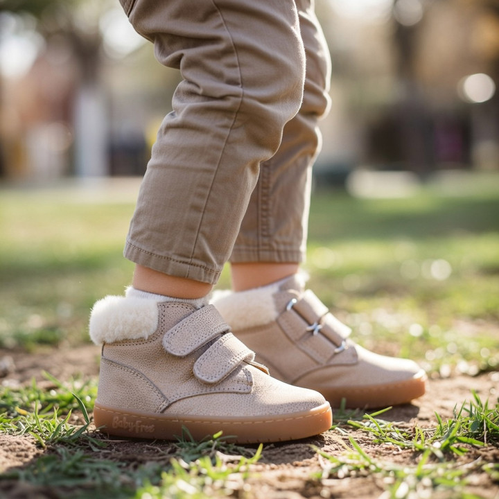 BOTA BAREFOOT 2 CIERRES CON PELO PIEL BEIGE - ORO